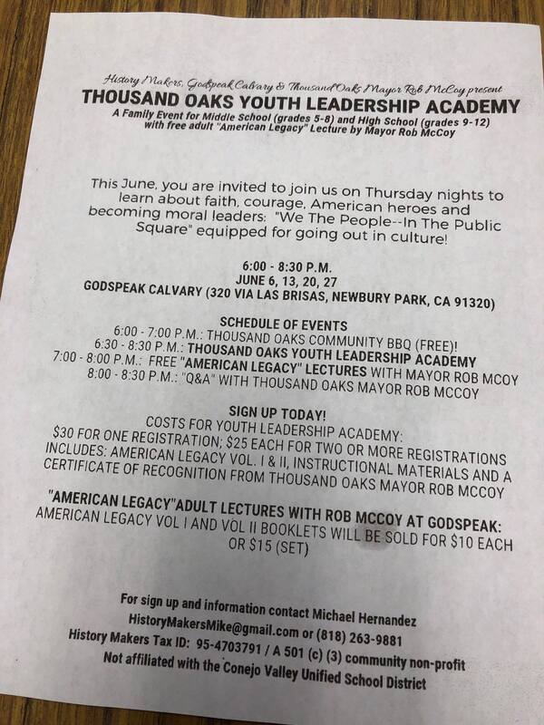 Image of flyer that Rob McCoy had distributed in children's folders at school promoting his religious youth leadership academy.